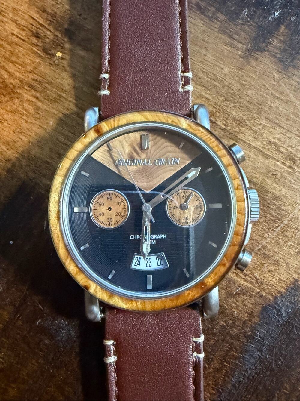 Original Grain Brewmaster Chronograph Watch Wood Dial Stainless Leather Strap